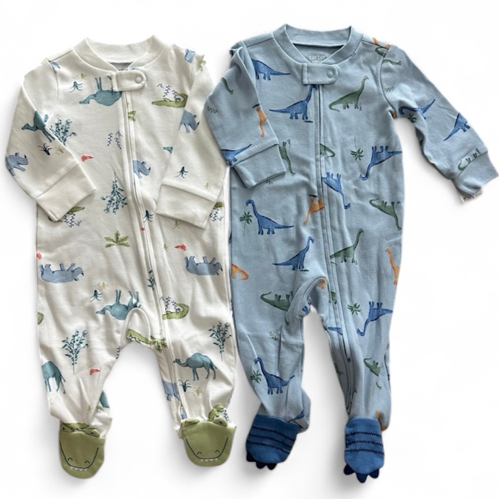 New Carter’s Boys Sleep N’ Play Footies Alligator Dinosaur Size 3-6 Mo. Set Of 2